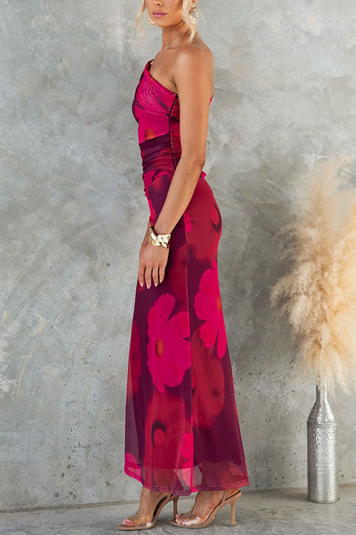Schulterfreies Maxikleid mit Blumenmuster aus Mesh im Bodycon-Stil