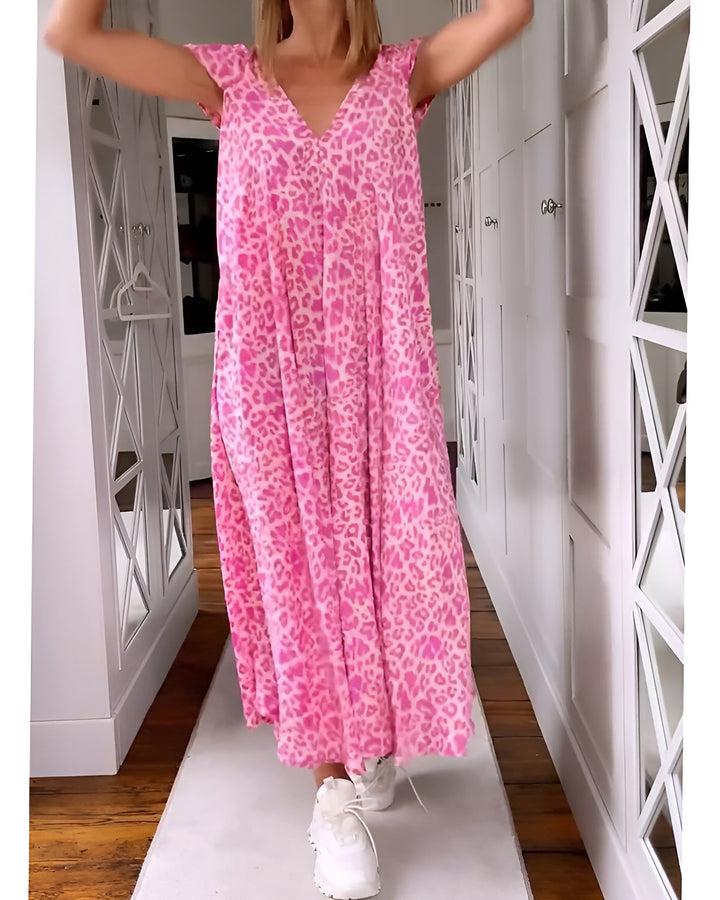 Véronique | Langes Kleid mit V-Ausschnitt, kurzem Ärmel und Print
