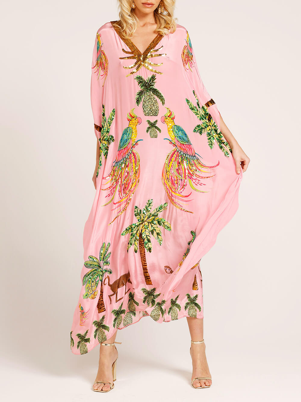 Einzigartiges Kleid mit Überschnittenen Ärmeln und Kokospalmen-Print
