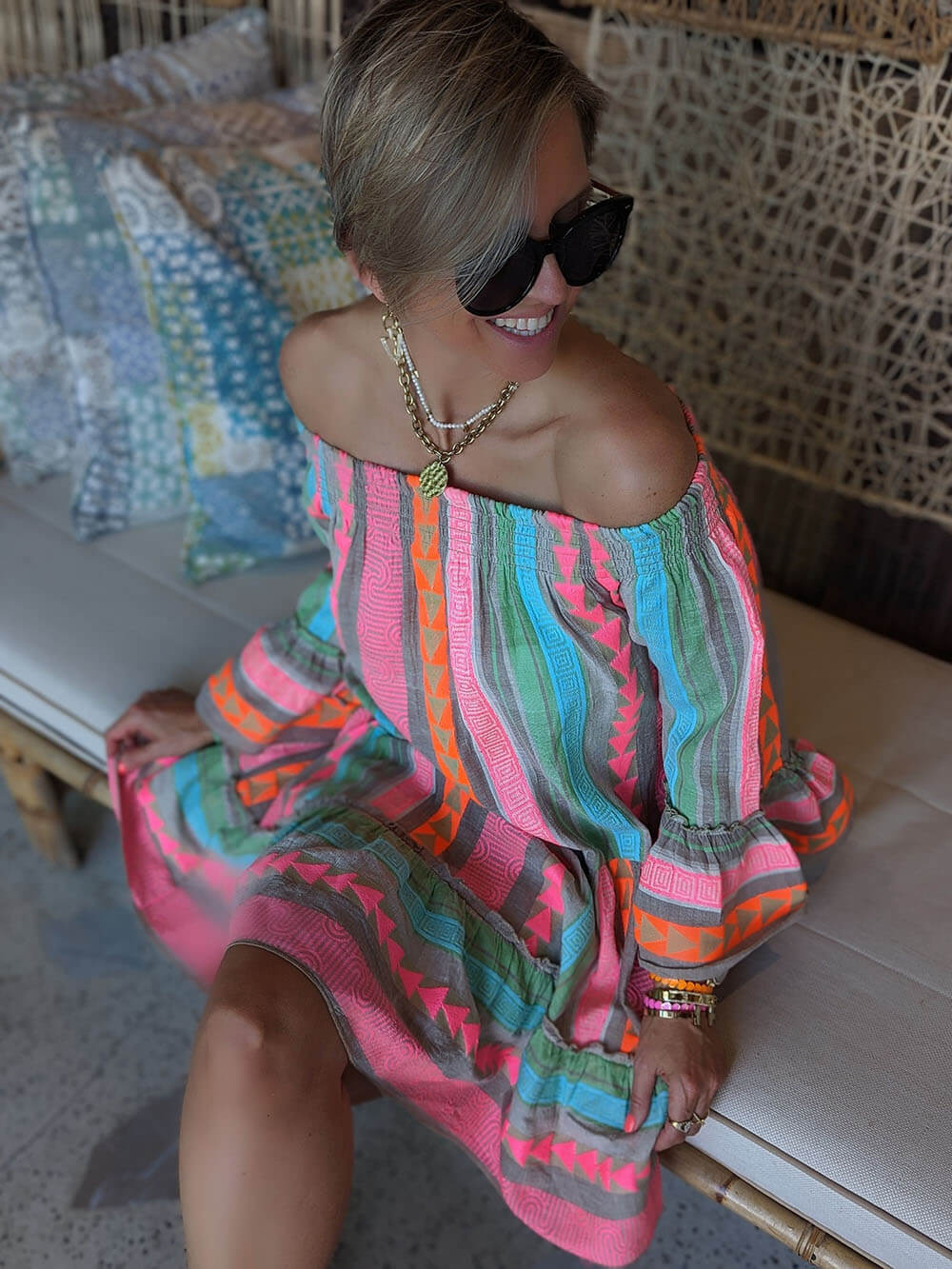 Joyce – Boho Mini-Kleid mit Carmenausschnitt