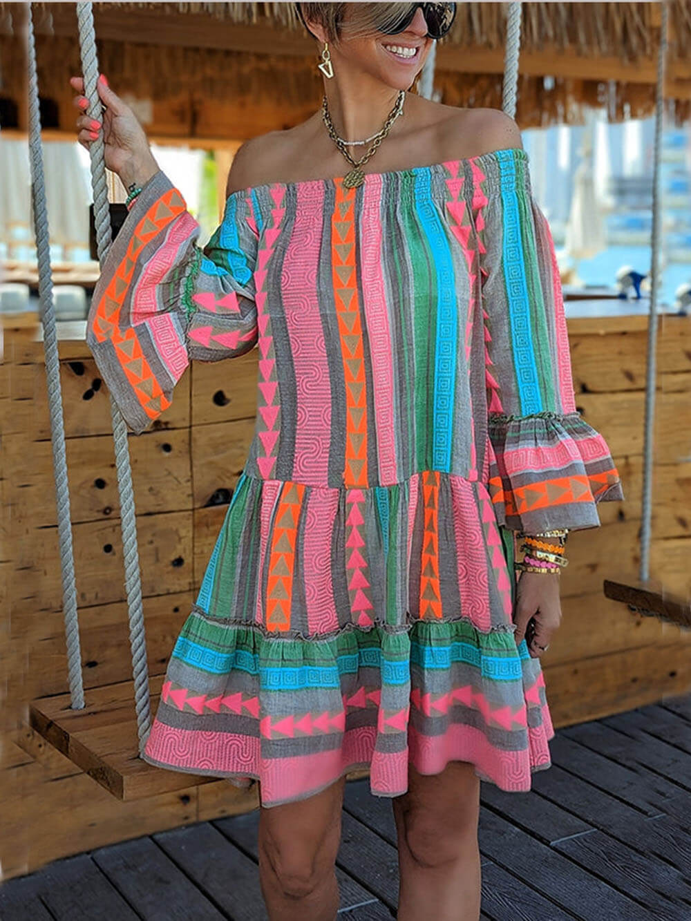 Mini Kleid mit Ethno-Muster, Leinen-Mischgewebe, schulterfrei und locker geschnitten