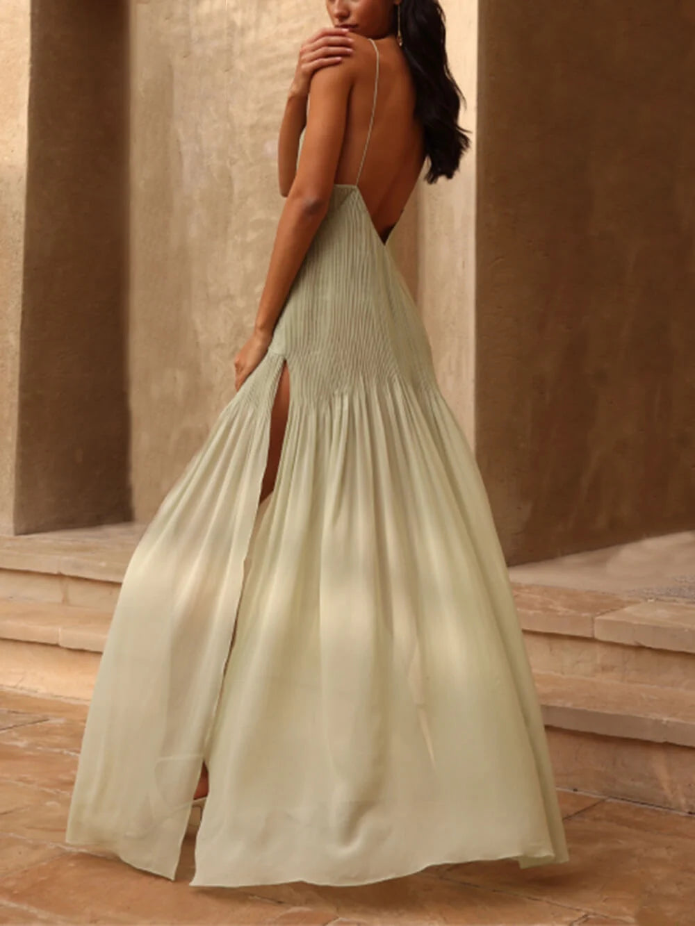 Sunset Einzigartiges Plissiertes Patchwork-Maxikleid mit Schlitz