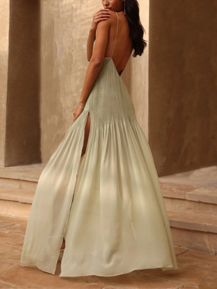 Sunset Einzigartiges Plissiertes Patchwork-Maxikleid mit Schlitz