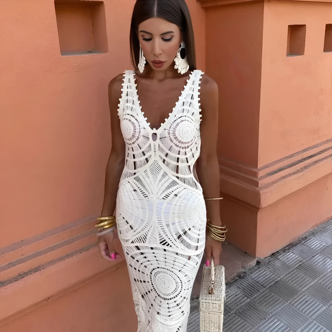 Abigail – Boho Midi-Kleid aus weißer Häkelspitze