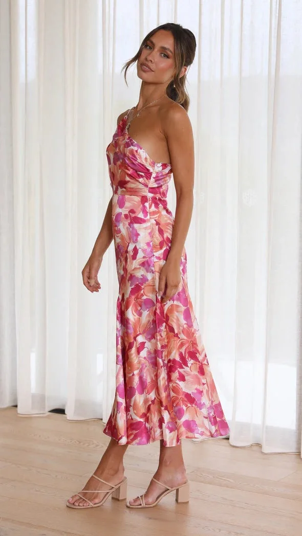 Geblümtes Satin-Kleid mit Raffung und One-Shoulder-Design