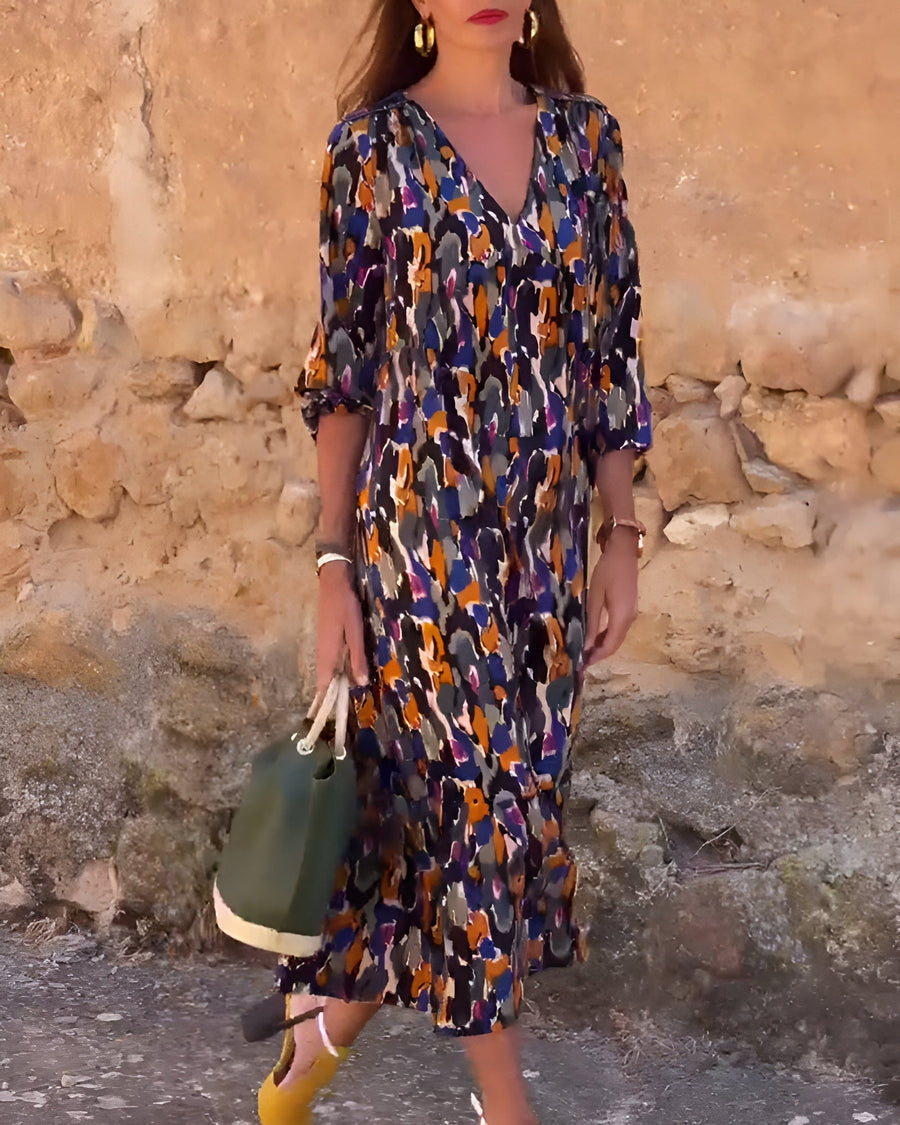 Nathalie Retro Print V-Neck Dress
