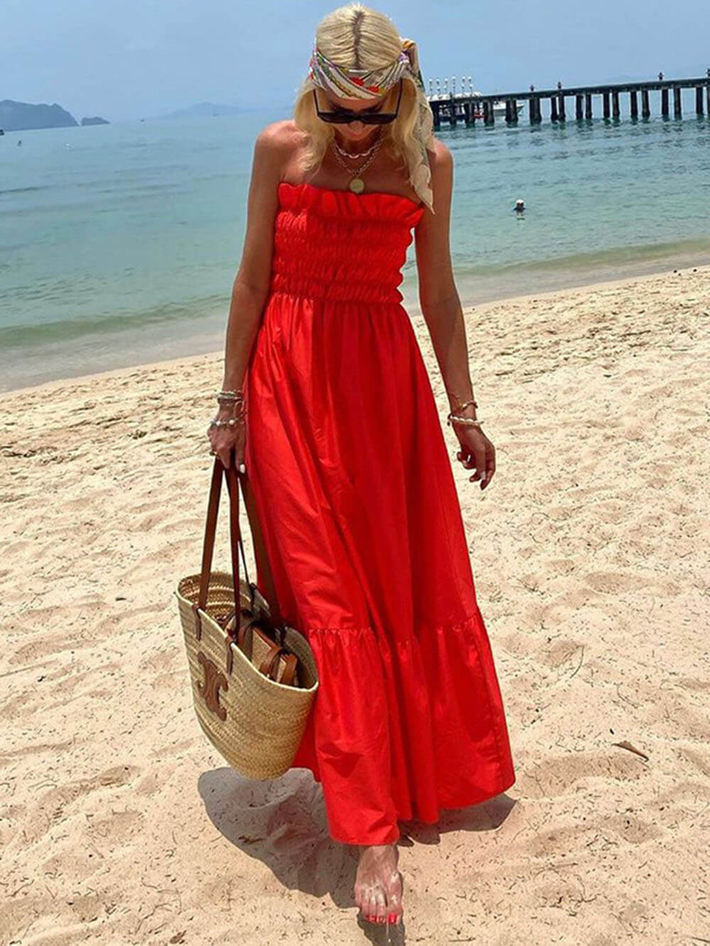 Off-Shoulder Smocked Bust Urlaub Maxikleid