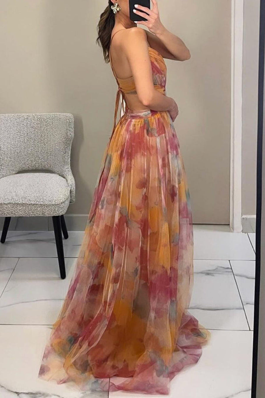 Elegant Long Print Dress with Adjustable Tie Detail