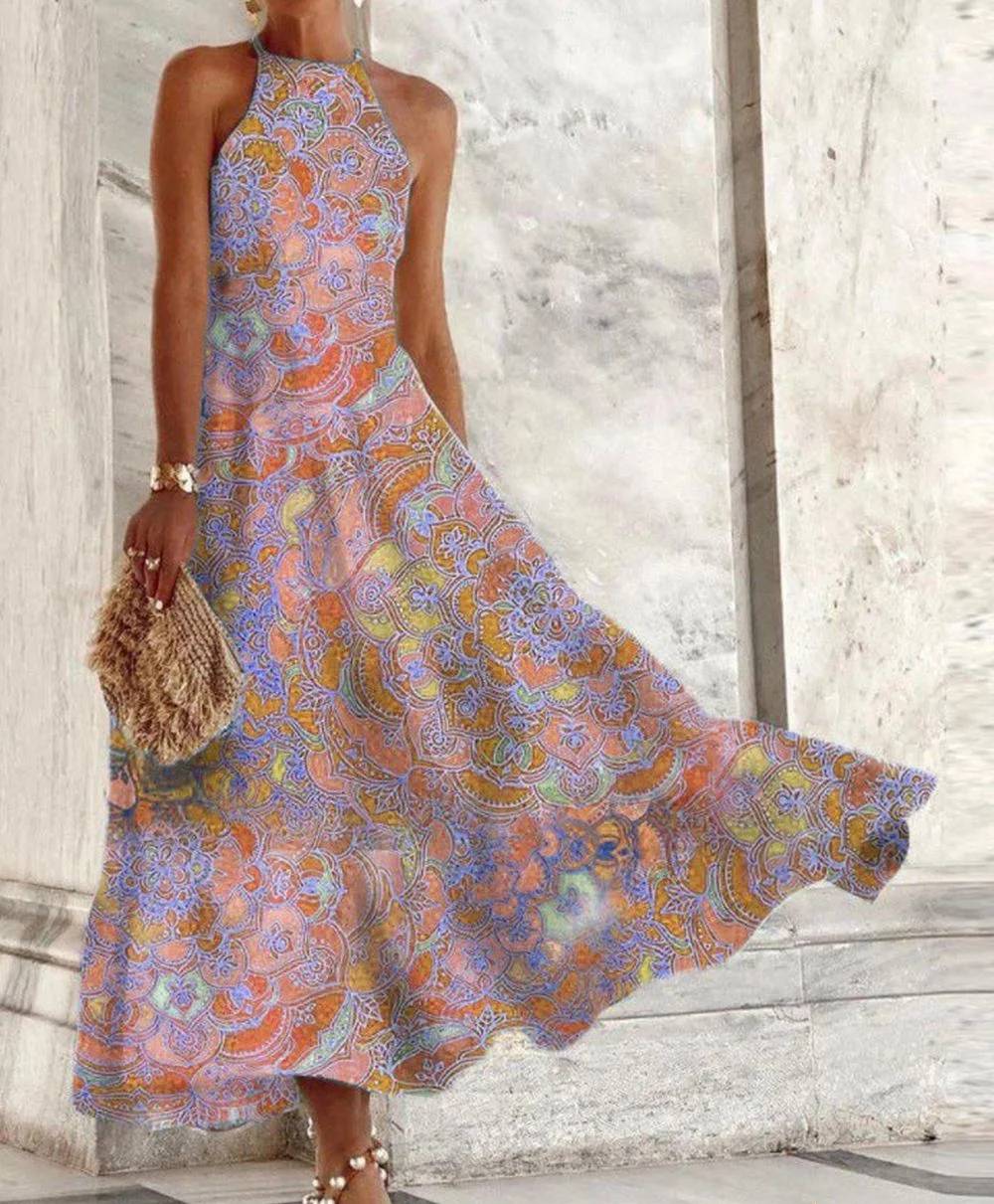 Miriam – Damenkleid, ärmellos, mit Halterkragen und Vintage-Muster