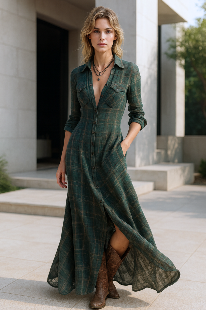 Solene | Karierte Maxi-Hemdkleid