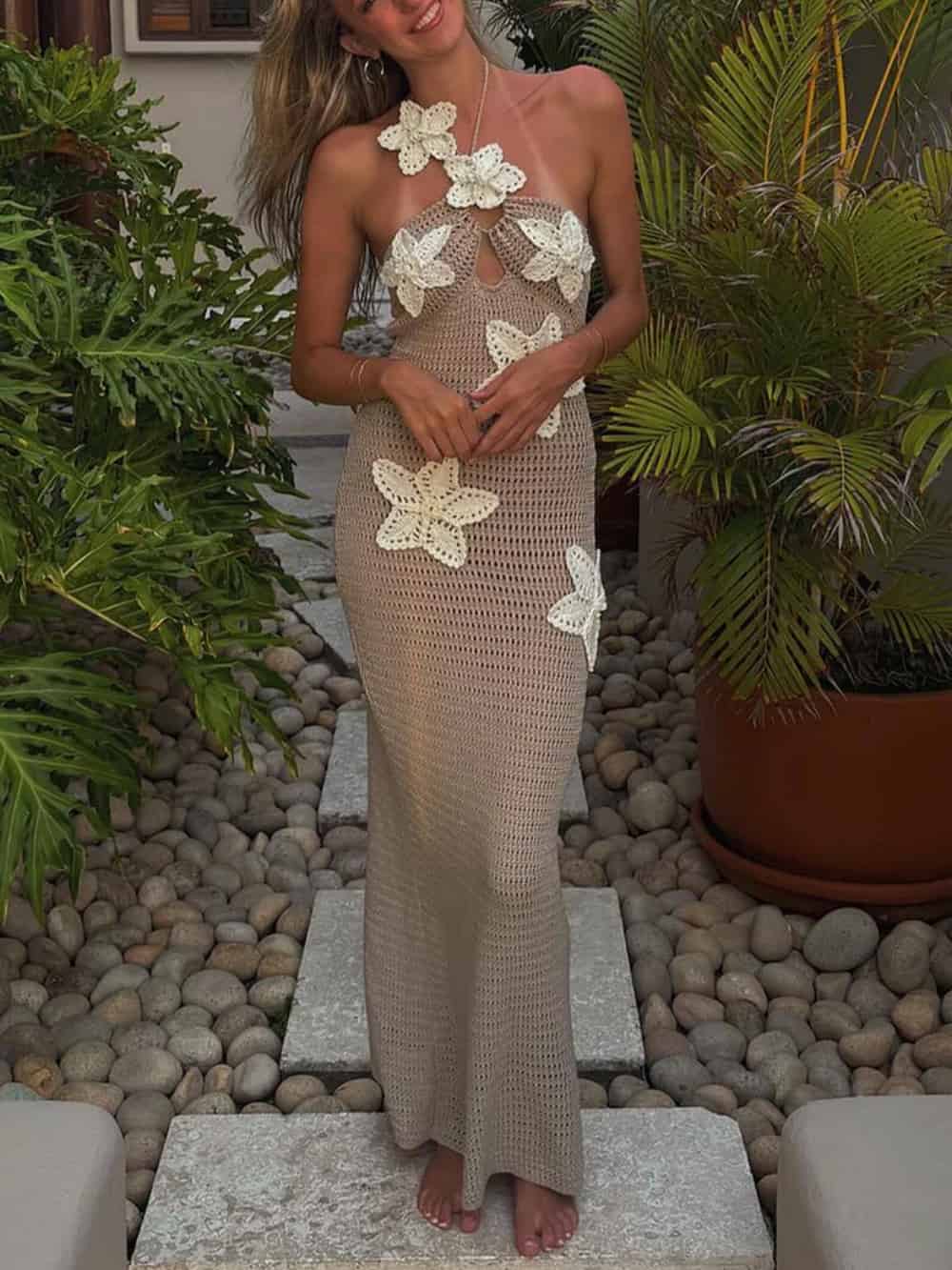 3D Blumenverzierte, körperbetonte Maxikleider mit Häkel- und Neckholder-Design
