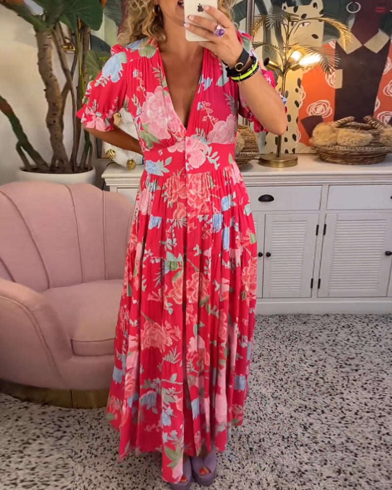 Adelaide - Kleid mit Blumenmuster, V-Ausschnitt und Taschen