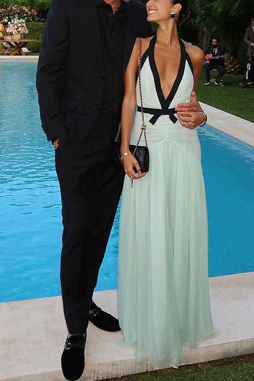 Avanelle | Color Block Halter Bow Maxi Dress