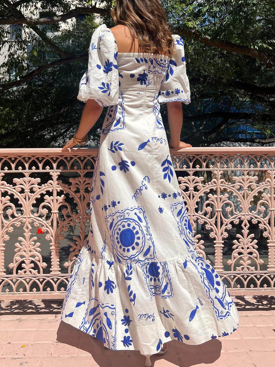 Floral Puff-Sleeve Vacation Midi Dress