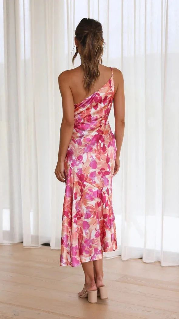 Geblümtes Satin-Kleid mit Raffung und One-Shoulder-Design