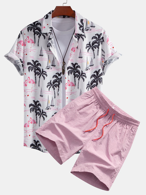 Hemd mit Palmen- und Flamingo-Print & Badehose mit Knopfleiste