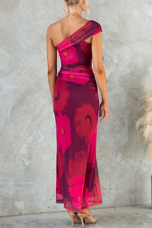 Schulterfreies Maxikleid mit Blumenmuster aus Mesh im Bodycon-Stil