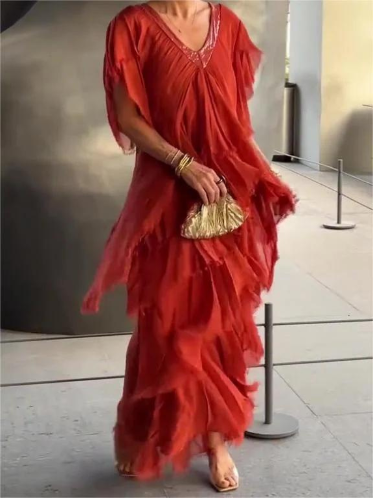 SAVANE | Elegantes, Fließendes Langarmkleid mit V-Ausschnitt