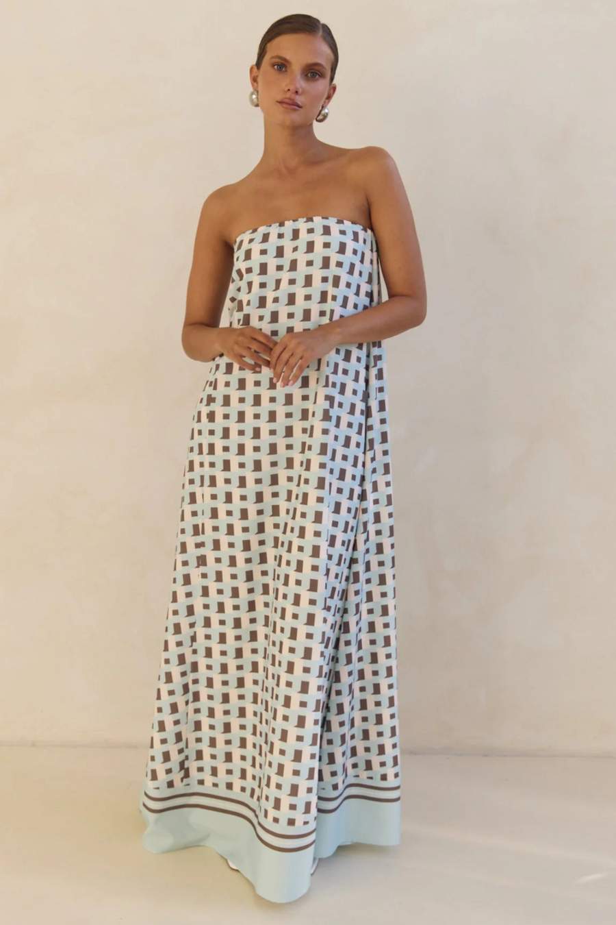 Arya Off-Shoulder Maxi Dress Brown Plaid