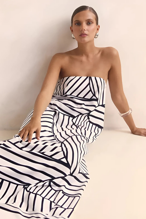 Arya Schulterfreies Maxikleid - Schwarze Streifen
