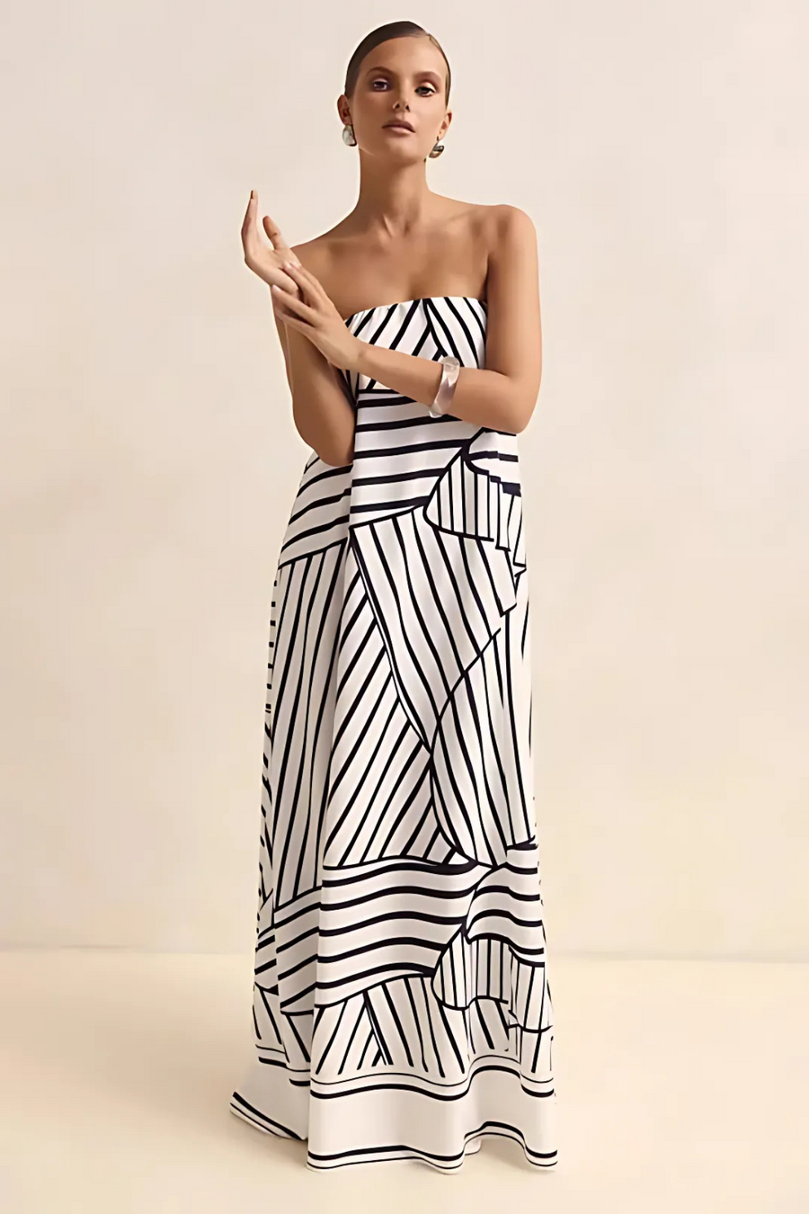 Arya Off-Shoulder Maxi Dress | Black Stripes