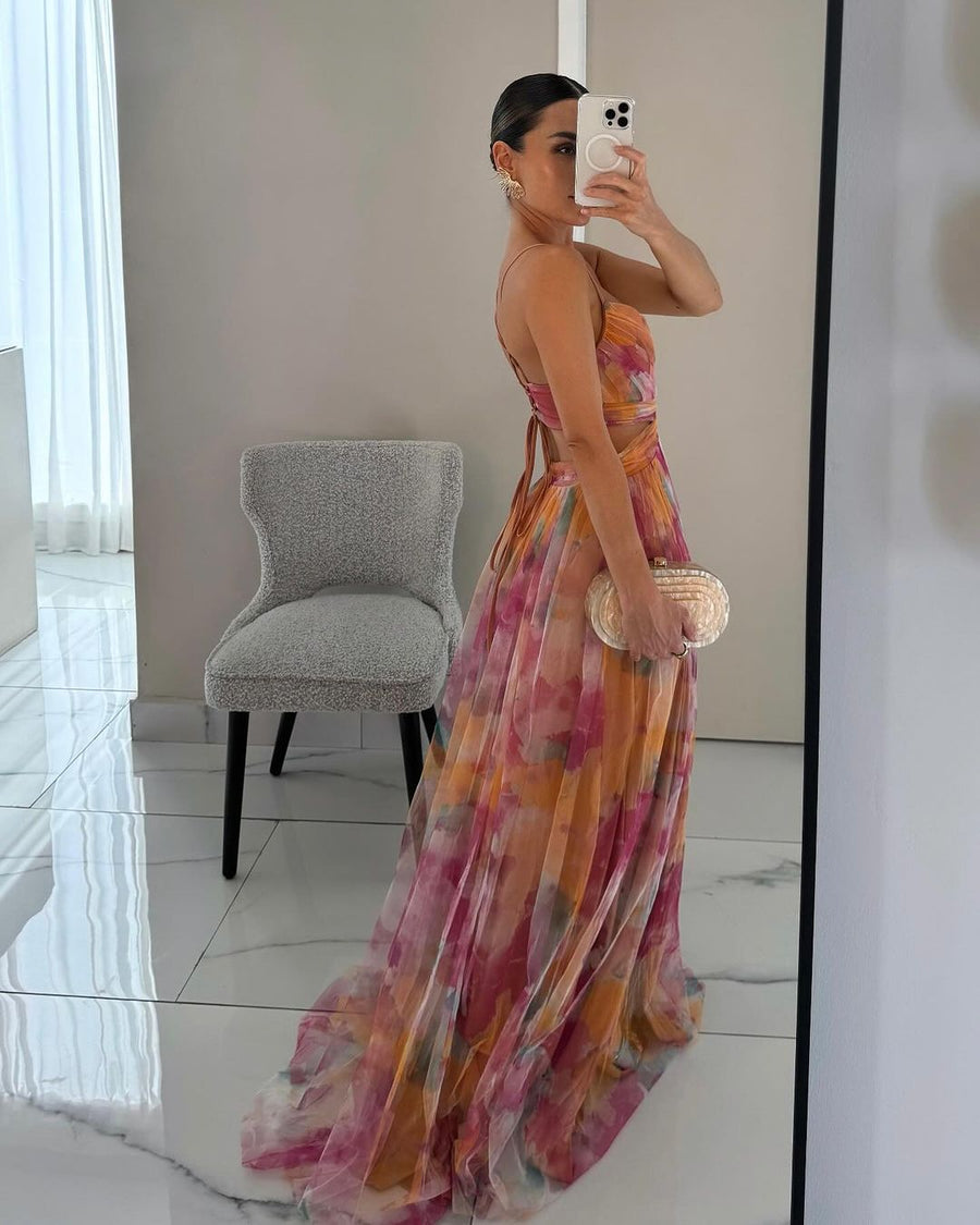 Elegant Long Print Dress with Adjustable Tie Detail