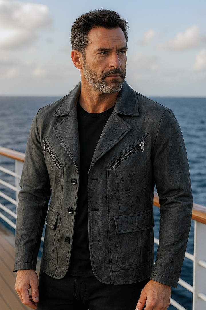 Oliver Lederjacke mit Lokomotivkragen - Schwarz