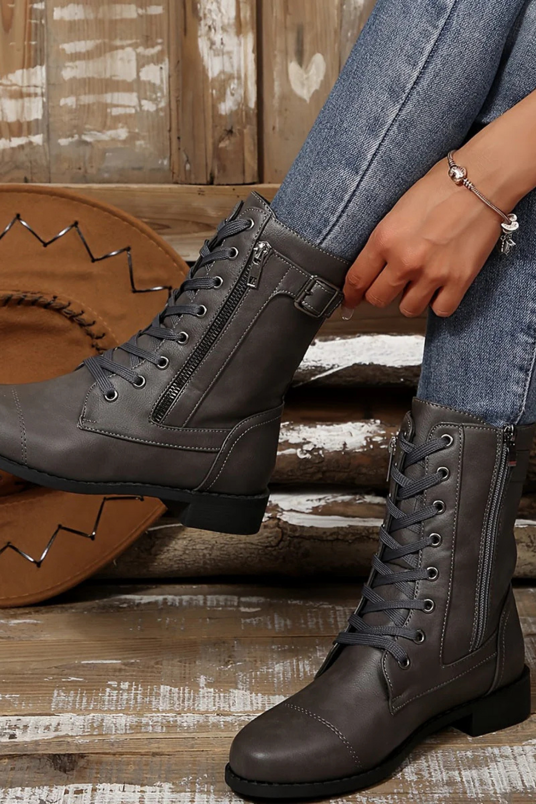 Miya Lederstiefel mit Reißverschluss - Grau