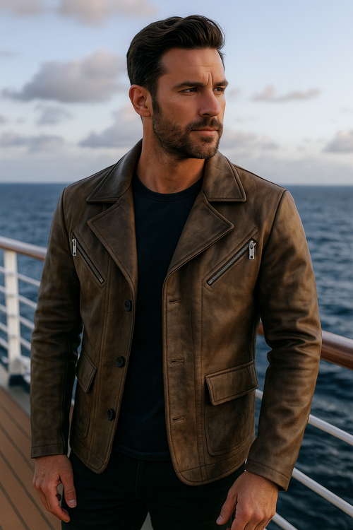 Oliver Lederjacke mit Lokomotivkragen - Braun