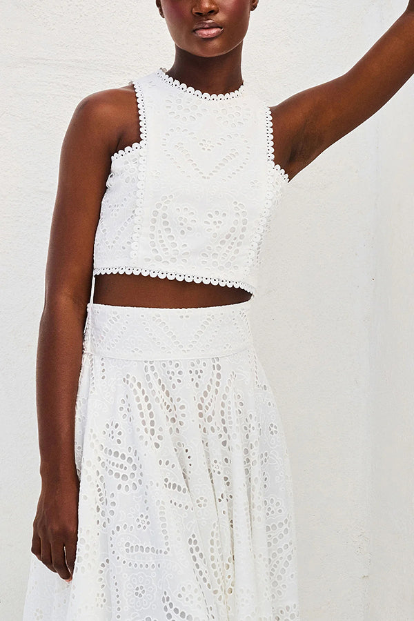 Zweiteiliges Set mit Stickereien und langem High-Waist-Rock mit Taschen