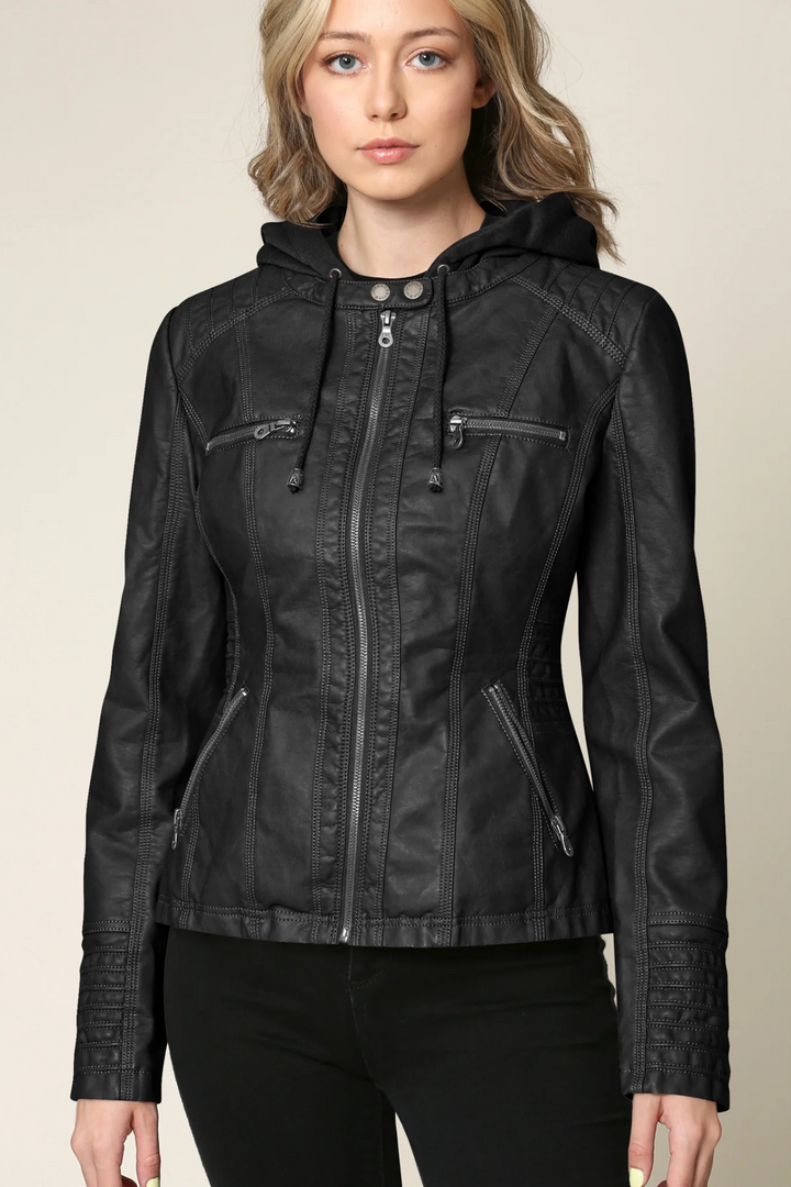 Eva Wetterfeste Damen-Lederjacke mit Kapuze - Schwarz