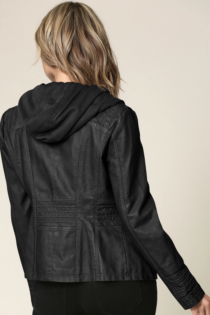 Eva Wetterfeste Damen-Lederjacke mit Kapuze - Schwarz