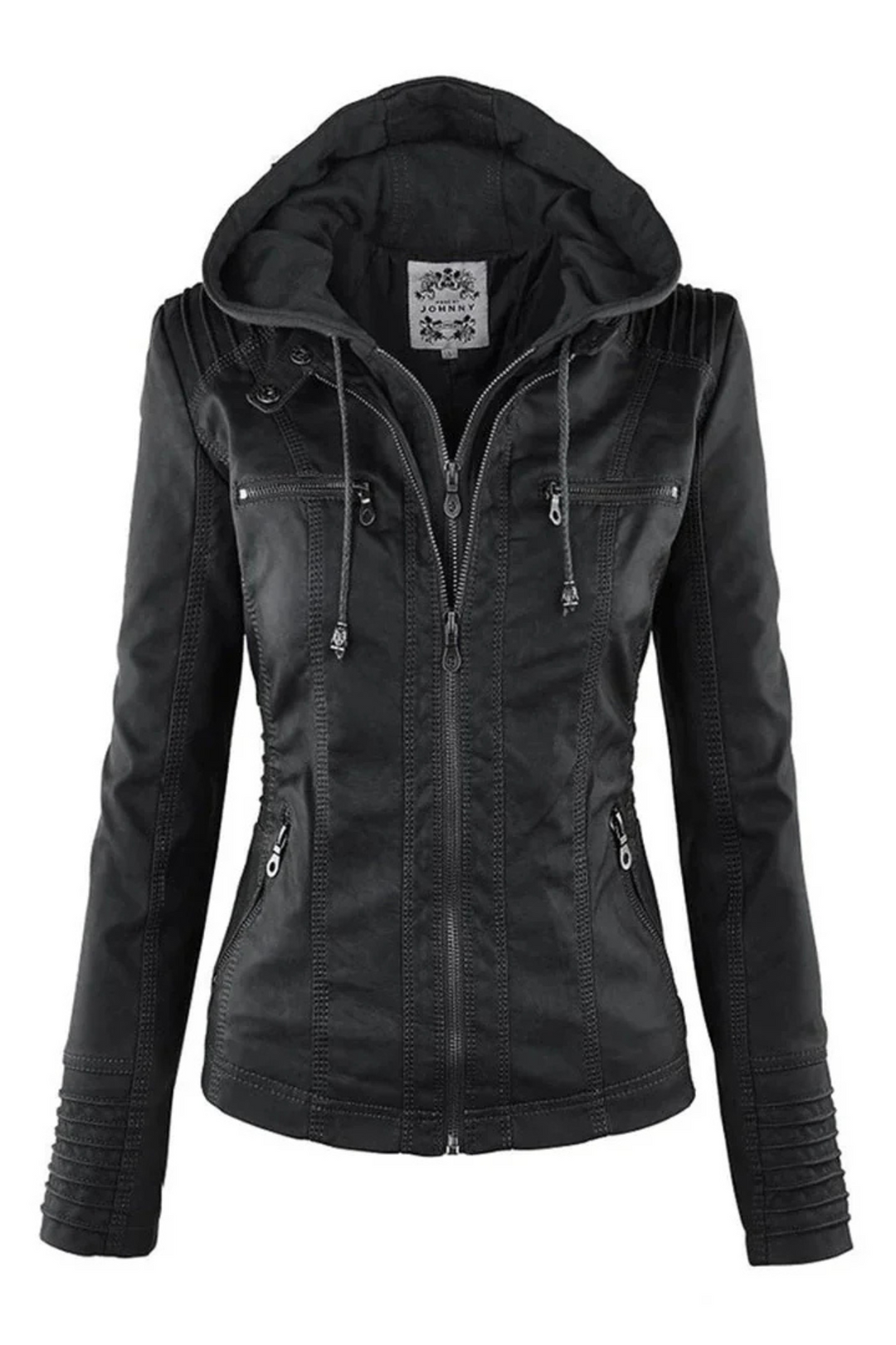 Eva Wetterfeste Damen-Lederjacke mit Kapuze - Schwarz