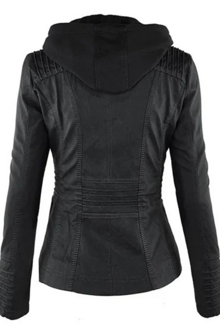 Eva Wetterfeste Damen-Lederjacke mit Kapuze - Schwarz