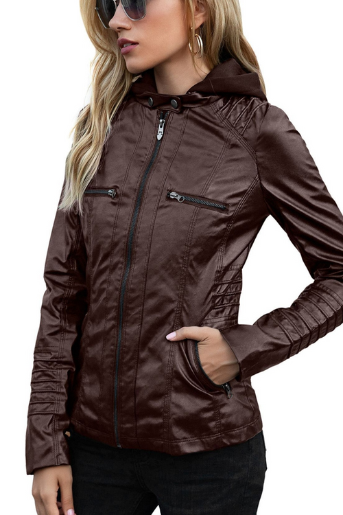 Eva Wetterfeste Damen-Lederjacke mit Kapuze - Braun