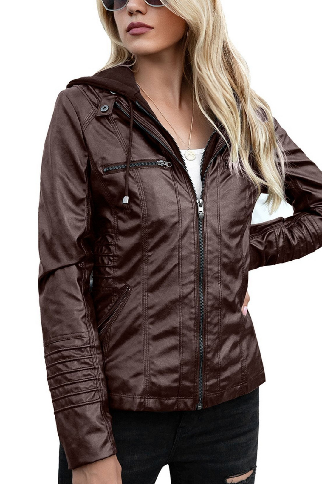 Eva Wetterfeste Damen-Lederjacke mit Kapuze - Braun