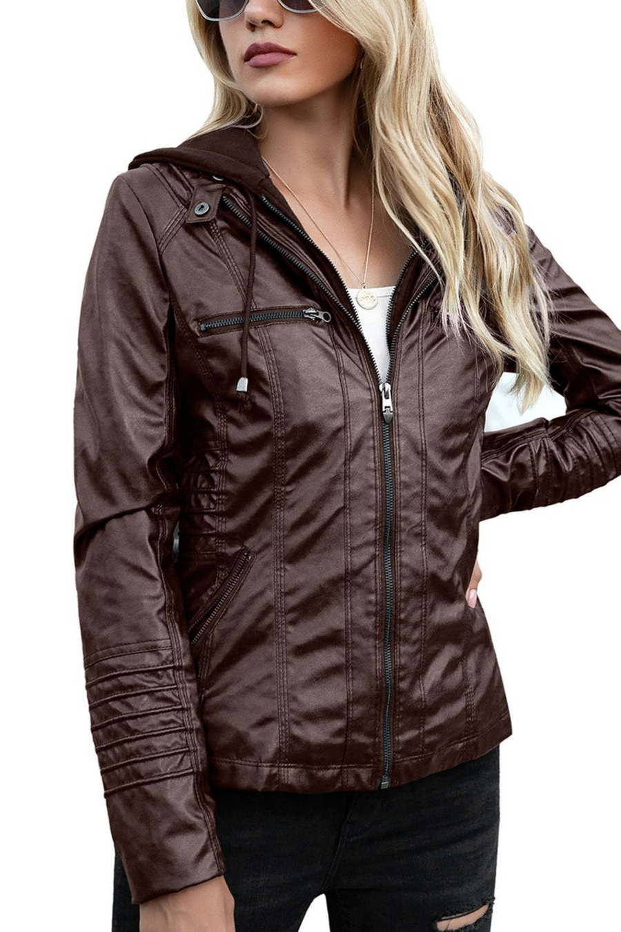 Eva Weather-Resistant Hooded Leather Jacket Braun