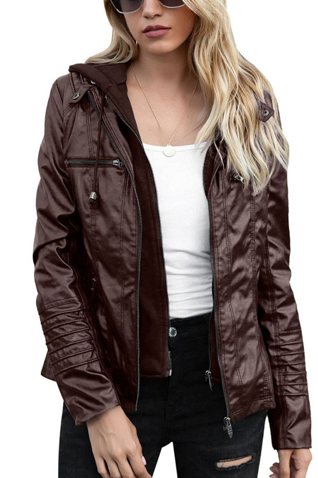 Eva Wetterfeste Damen-Lederjacke mit Kapuze - Braun