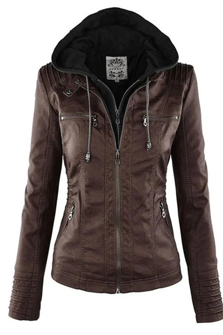 Eva Wetterfeste Damen-Lederjacke mit Kapuze - Braun