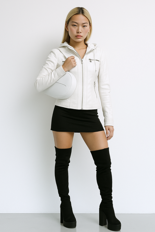 Eva Wetterfeste Damen-Lederjacke mit Kapuze - Weiß