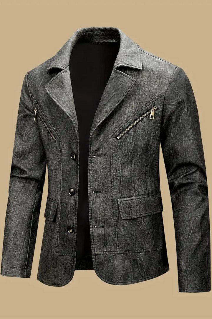 Oliver Lederjacke mit Lokomotivkragen - Schwarz