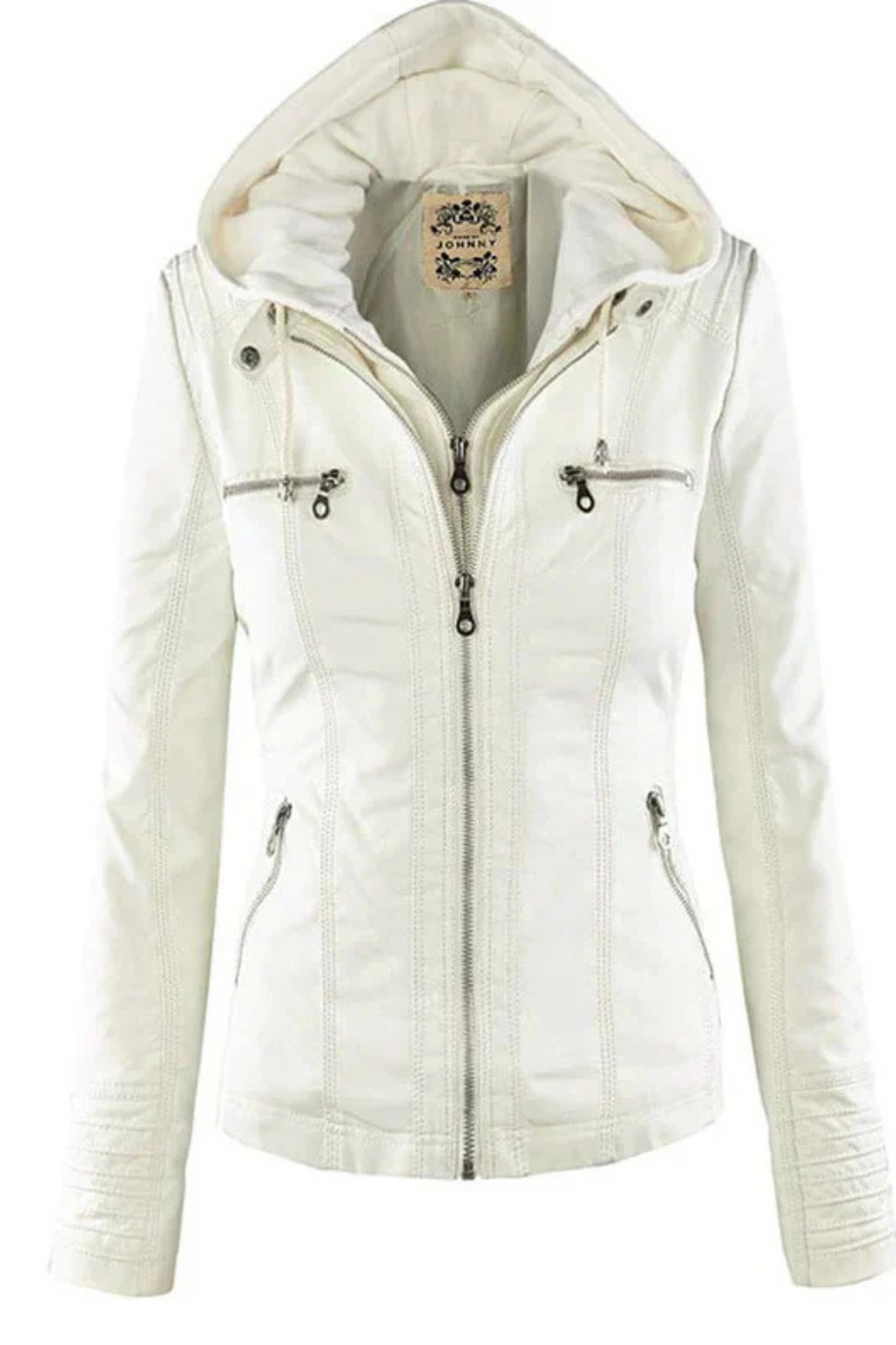 Eva Weatherproof Hooded Faux-Leather Jacket in White