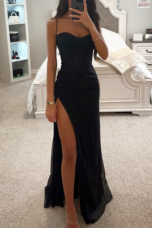 Charlotte – Romantischer Anlass, Pailletten, Rundhalsausschnitt, Korsett, Schlitz, Maxikleid
