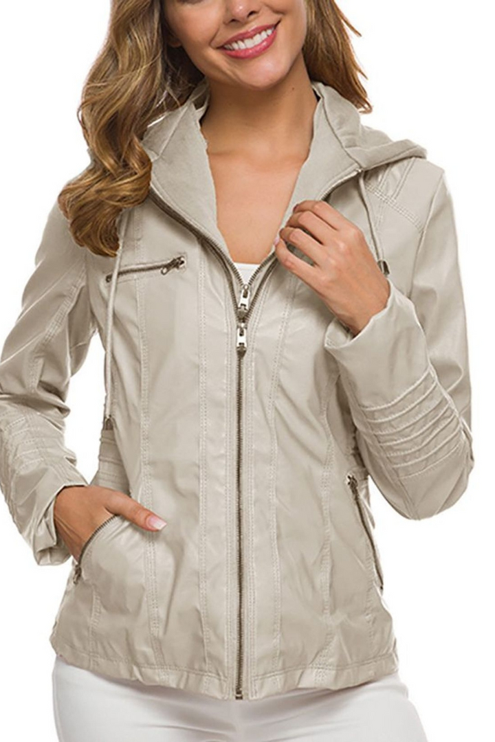 Eva Wetterfeste Damen-Lederjacke mit Kapuze - Beige