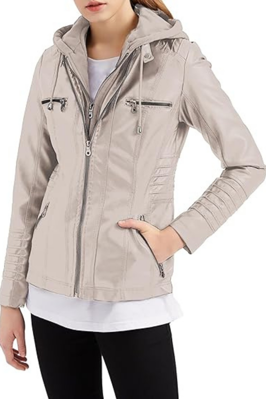 Eva Weather-Resistant Hooded Leather Jacket Beige