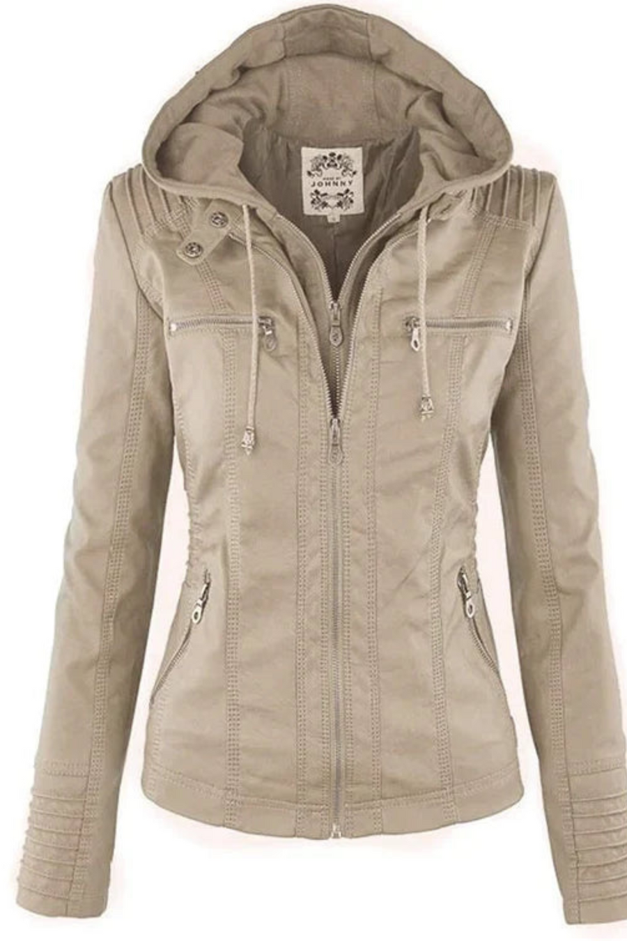 Eva Weather-Resistant Hooded Leather Jacket Beige