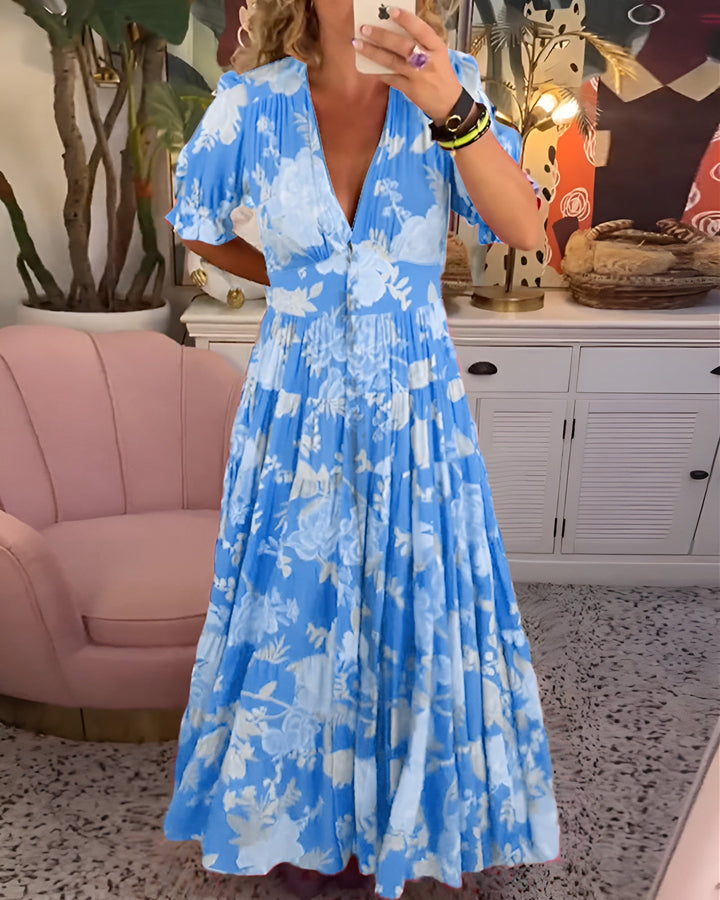 Carine | Geblümtes Kleid mit V-Ausschnitt und Tasche