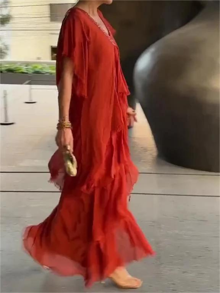 SAVANE | Elegantes, Fließendes Langarmkleid mit V-Ausschnitt