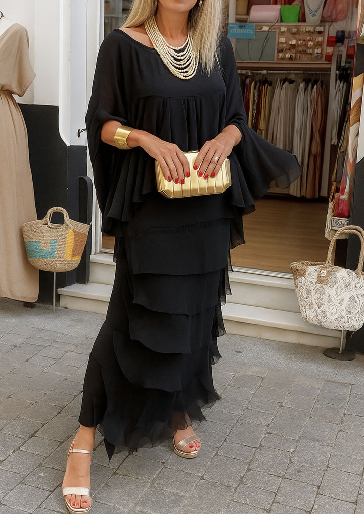 Amara Asymmetrisches Maxi-Kleid mit Lagen und Volants - Schwarz