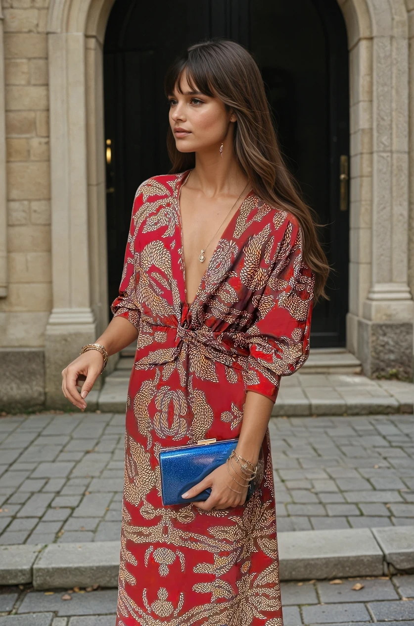 Sandra Midi Kleid – Kleid mit V-Ausschnitt und langen Ärmeln für Veranstaltungen und Feiern